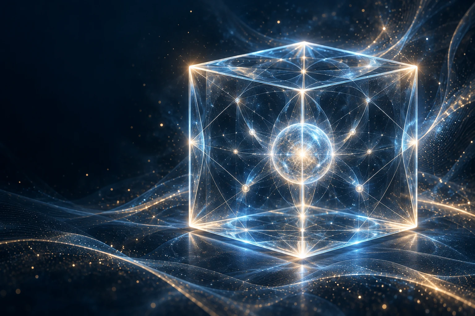Évocation artistique d’un cube transparent aux arêtes bleues et dorées, traversé de filaments lumineux