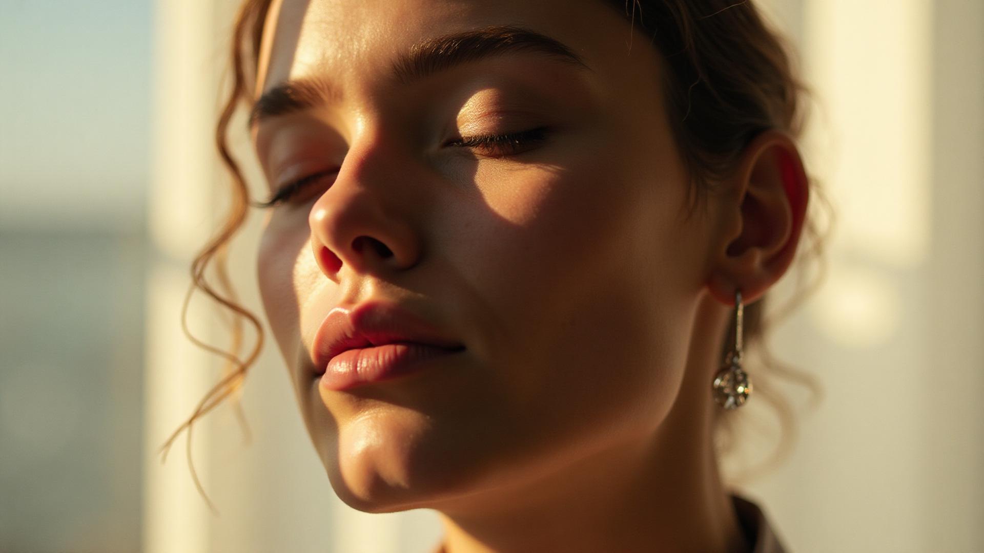 Portrait d’illustration : une femme aux yeux fermés dans une lumière chaleureuse